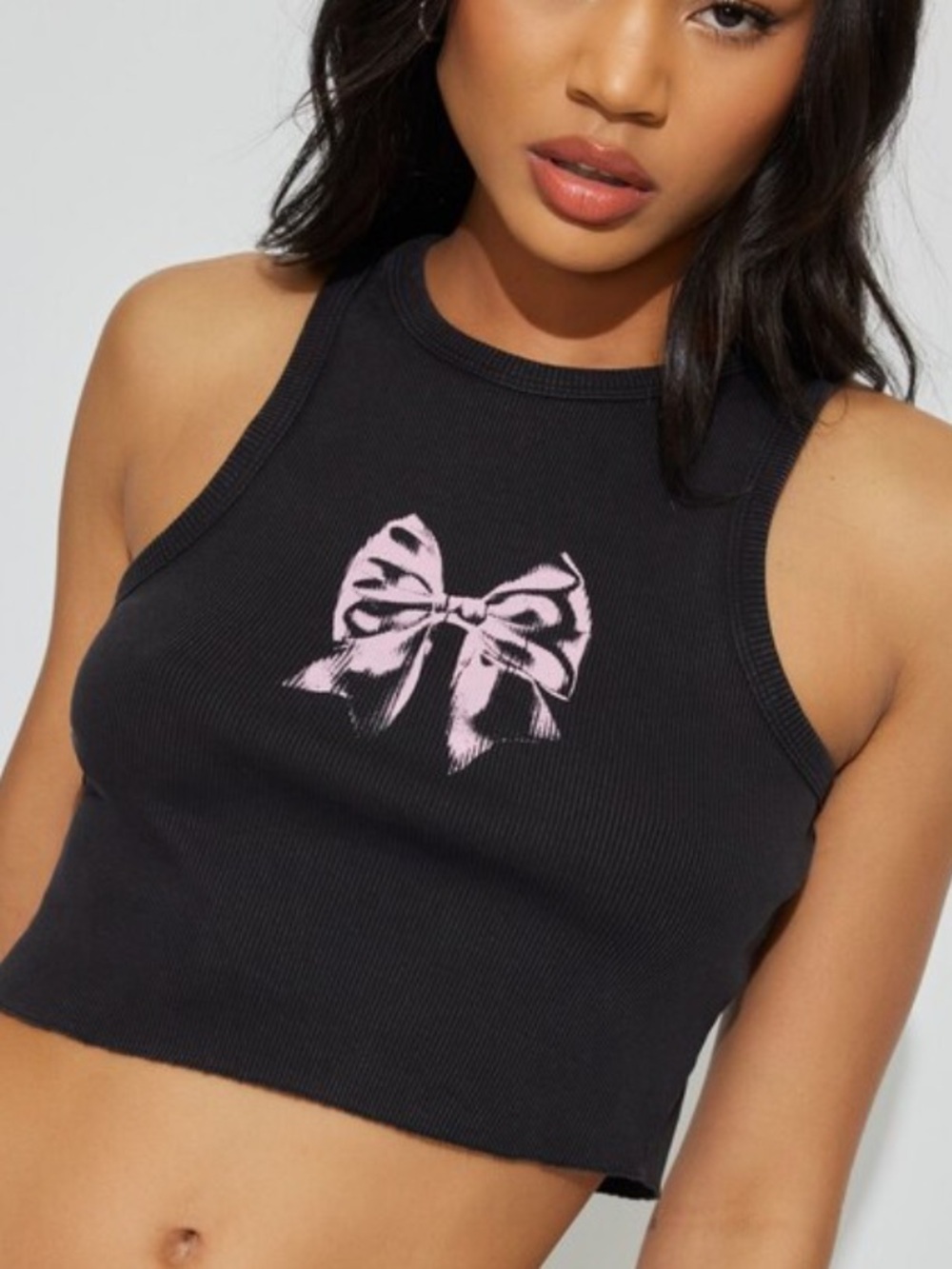 Garage Black Ribbed Cropped Tank with Pink Bow Graphic